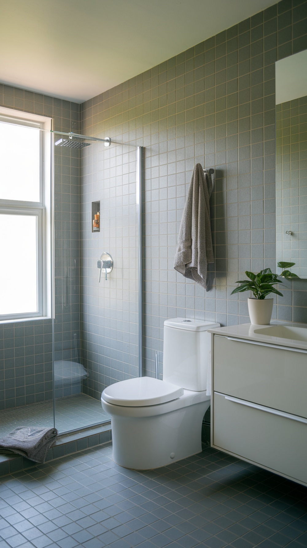 A modern bathroom with large windows allowing natural light to brighten the space, featuring gray tiles and a potted plant.