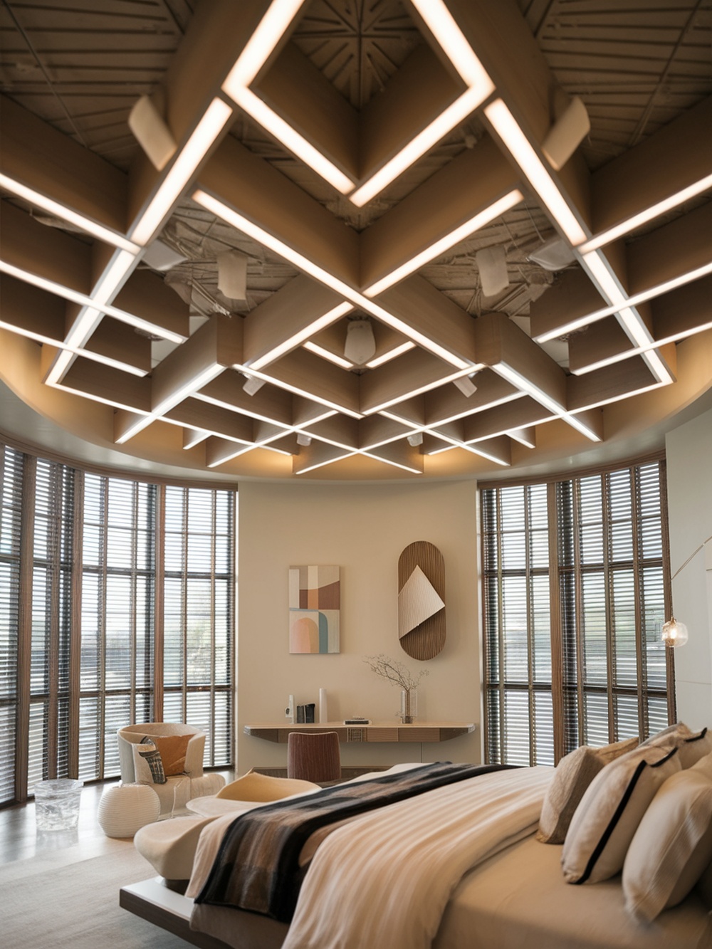 A modern bedroom featuring a creative ceiling design with integrated lighting, large windows, and minimalist furniture.