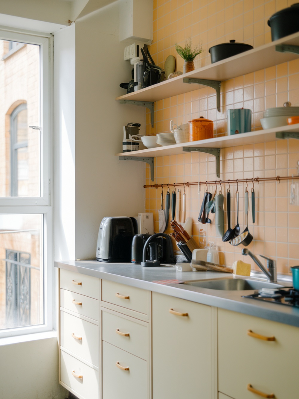 A bright and airy kitchen with light cabinetry and warm wall tiles, showcasing open shelving and kitchen tools.