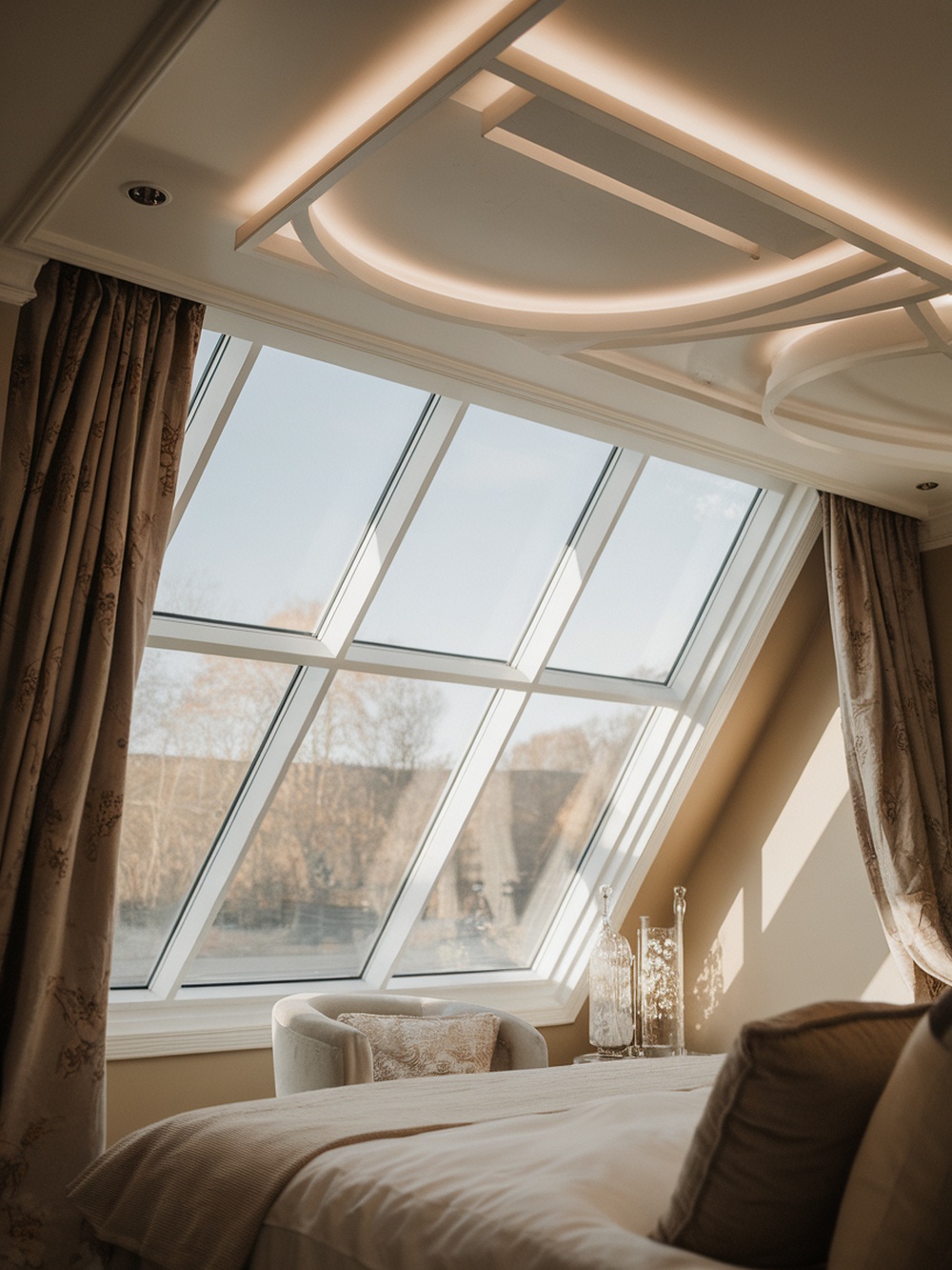 A modern bedroom featuring a large skylight, elegant curtains, and stylish decor.