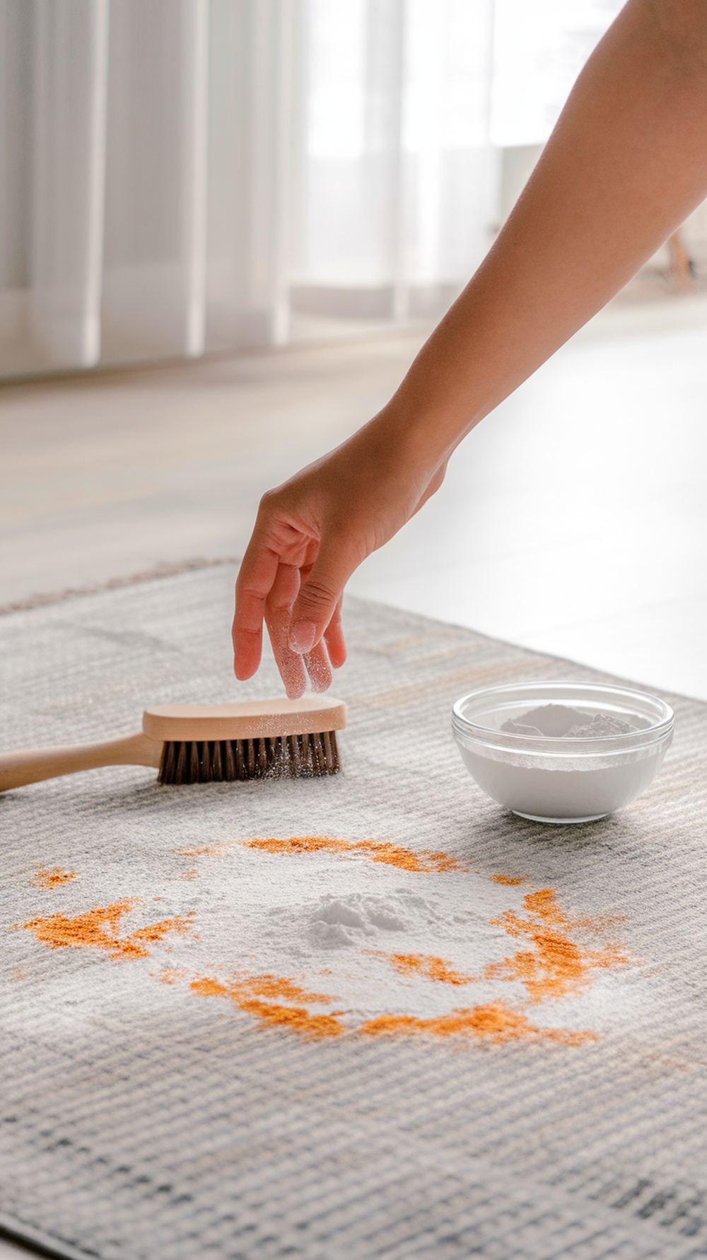 A hand sprinkling cornstarch on a rug with visible stains, alongside a brush and a bowl of cornstarch.