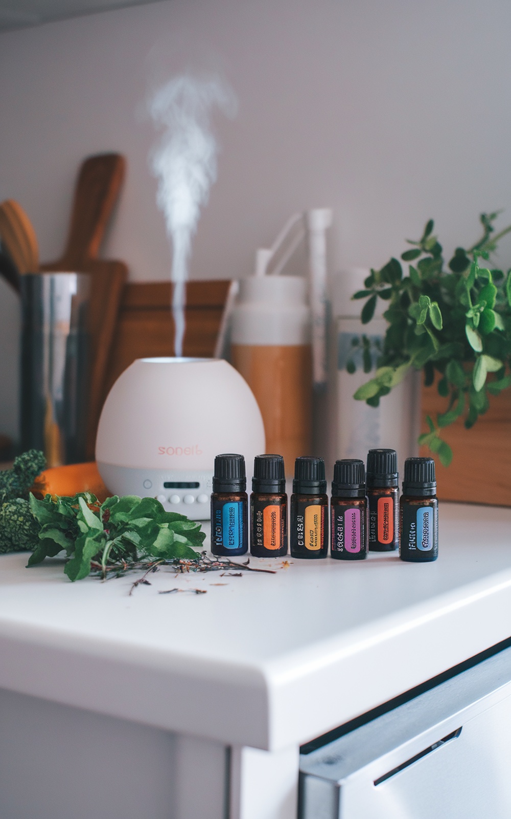 A diffuser with essential oils and fresh herbs on a kitchen counter.