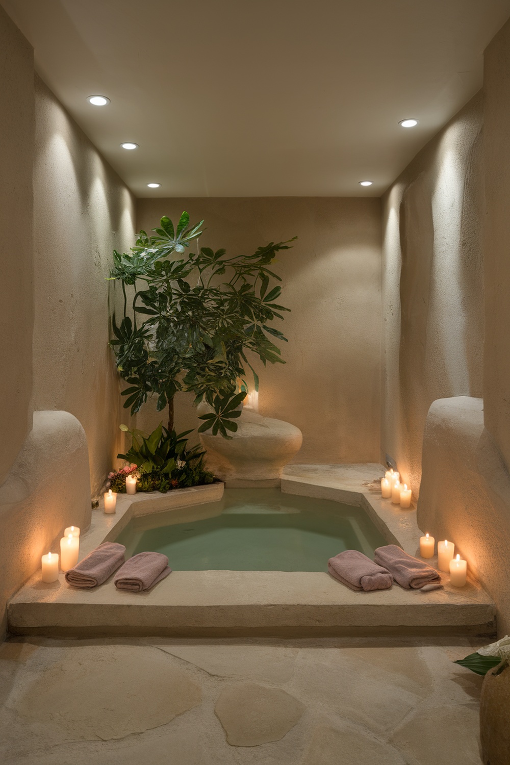A tranquil spa-like bathroom with soft lighting, a small water feature, and candles.