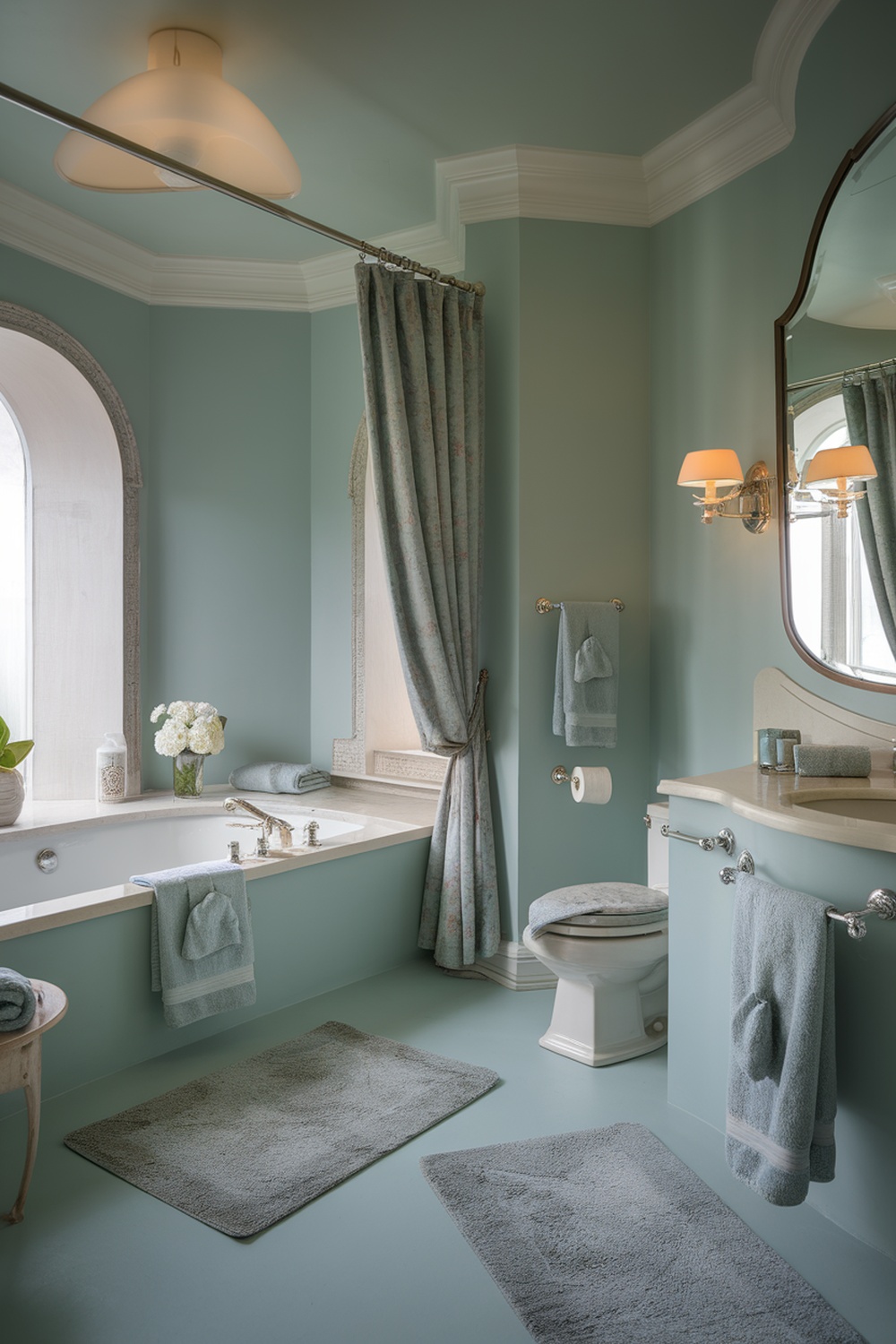 A luxurious bathroom featuring high-quality textiles including towels, bath mats, and curtains in a calming blue color scheme.