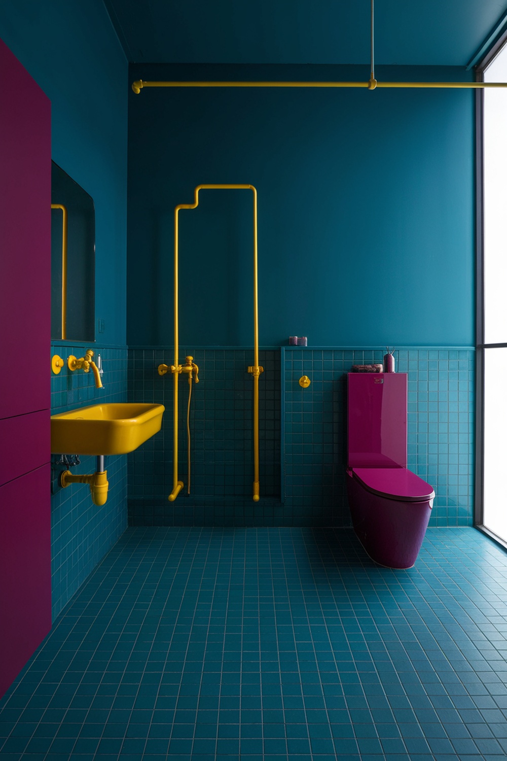 A vibrant bathroom design featuring bold blue walls, yellow fixtures, and a magenta cabinet.