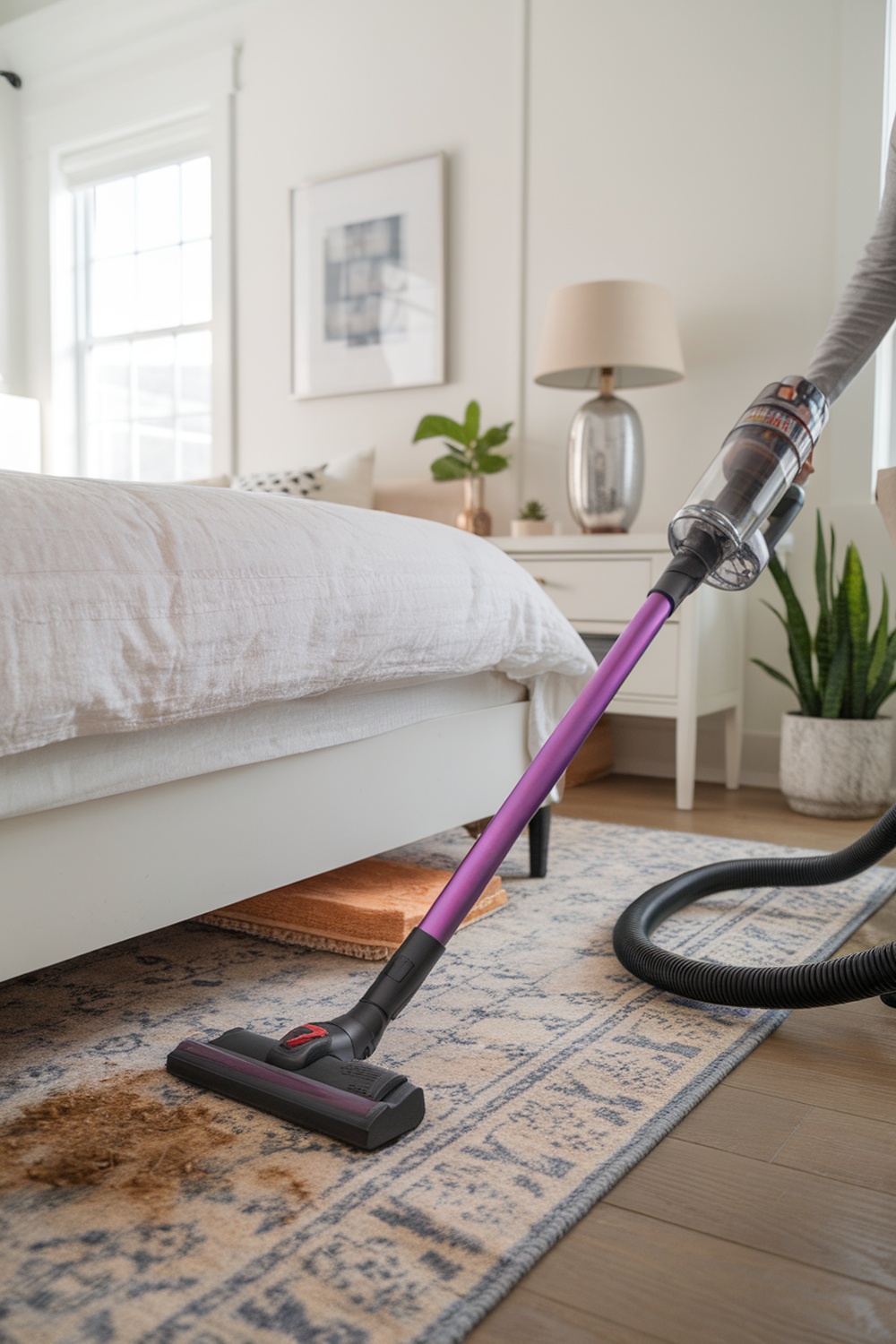 A person vacuuming under a bed in a bright, clean bedroom