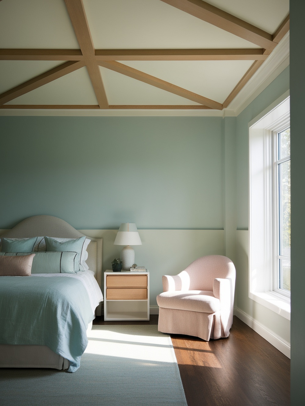 A serene bedroom with soft blue walls, light wooden ceiling beams, and a cozy pink chair, designed for relaxation.