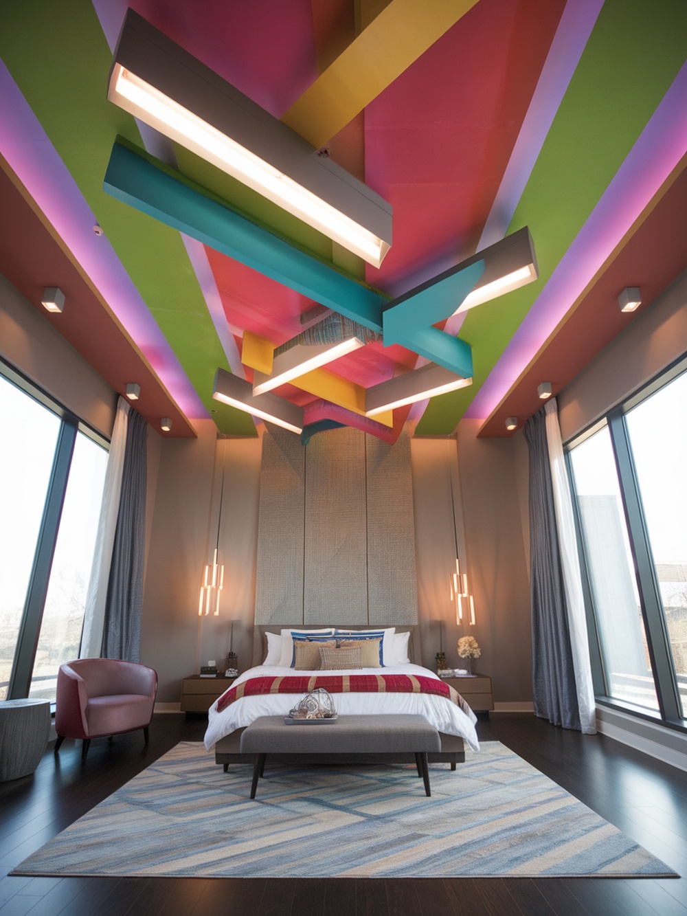 A colorful geometric ceiling design in a modern bedroom with large windows and stylish furnishings.