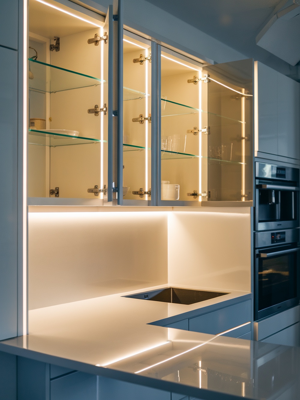 Modern kitchen cabinets with built-in lighting and glass shelves