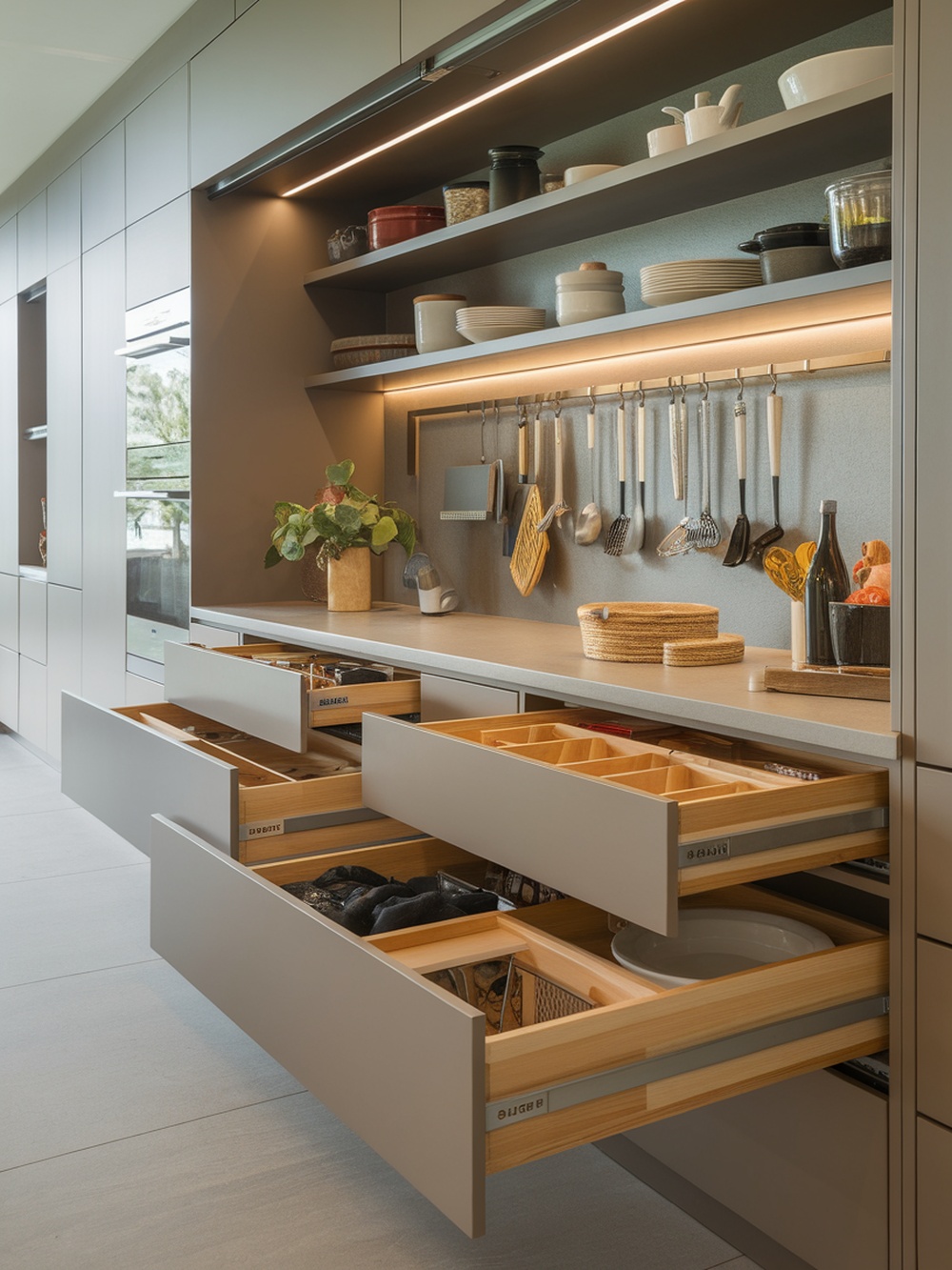 A modern kitchen featuring innovative drawer designs for maximizing storage.