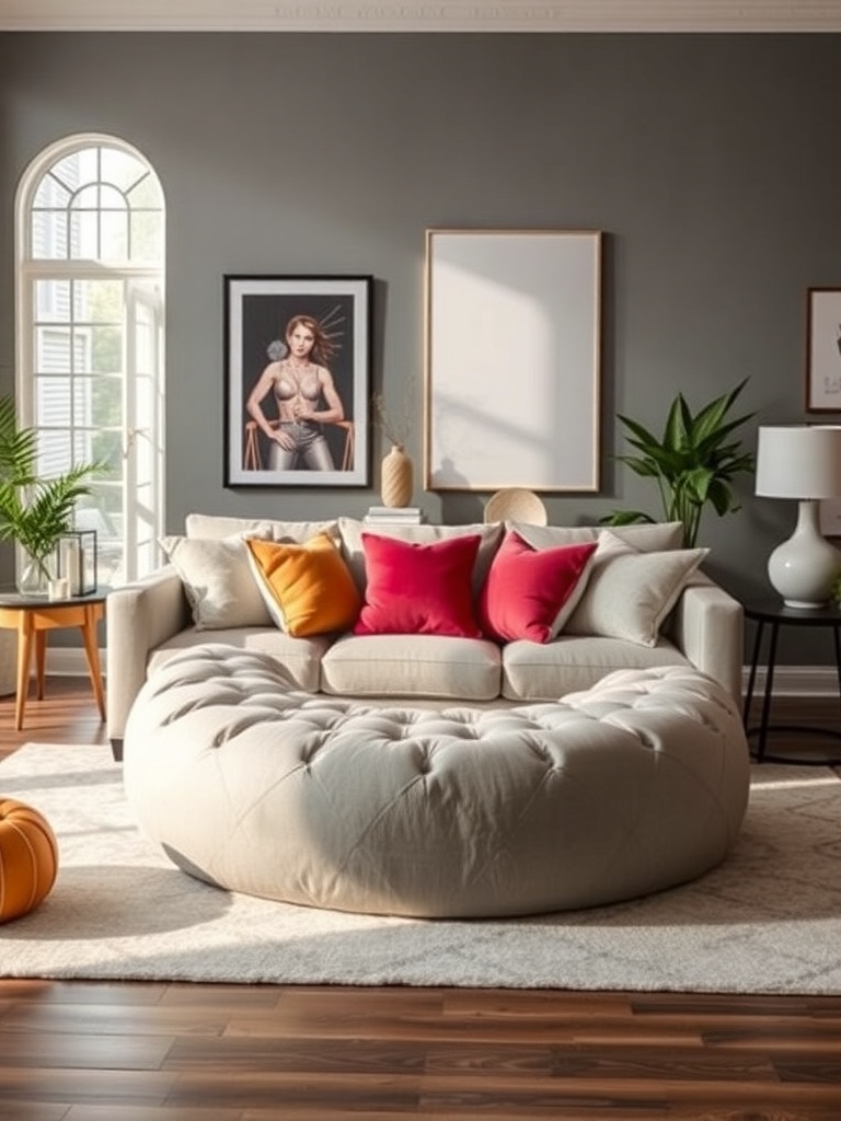 A cozy living room featuring a Lovesac Sactional with colorful pillows and a stylish decor.