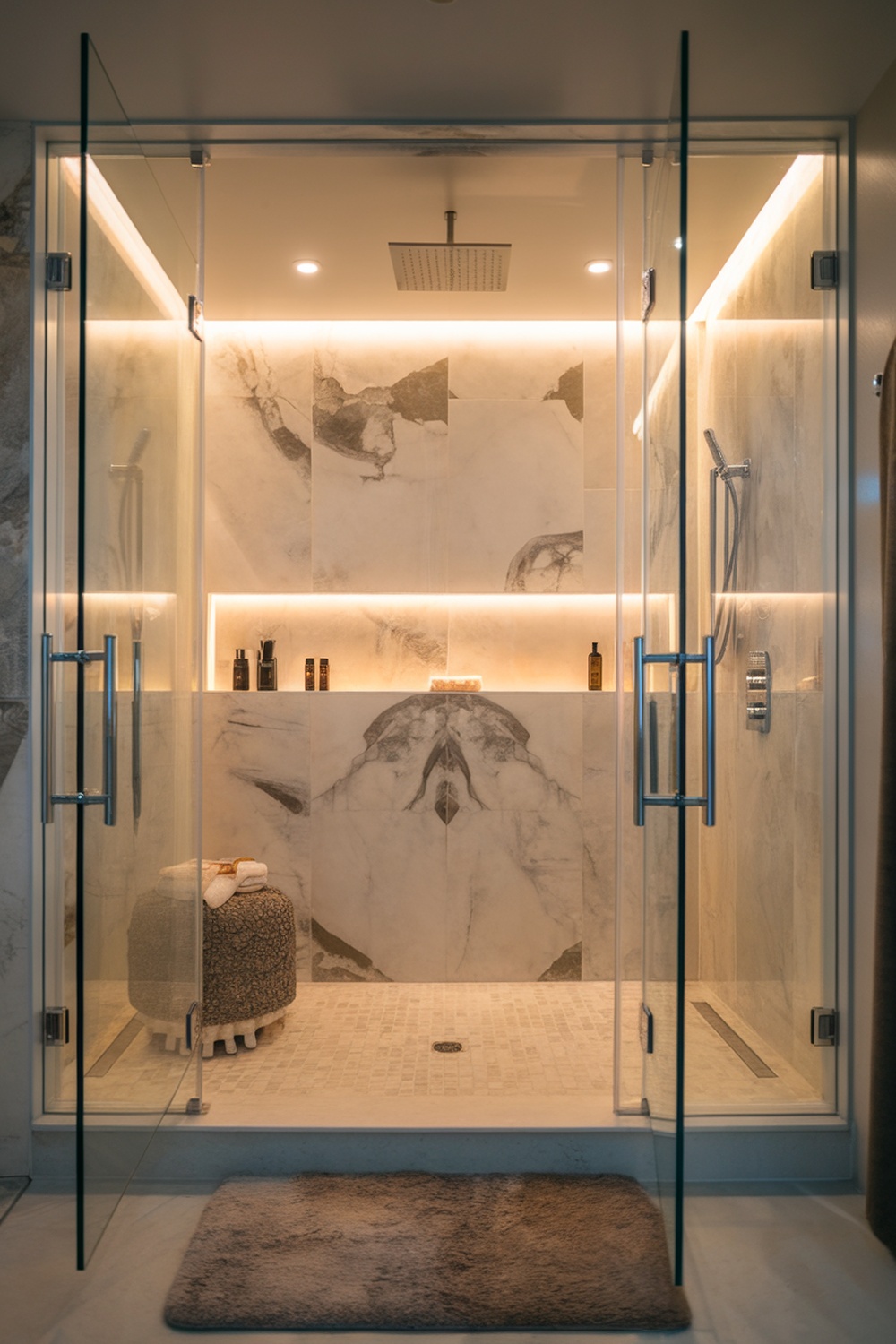 Luxurious shower with marble walls, glass enclosure, and warm lighting