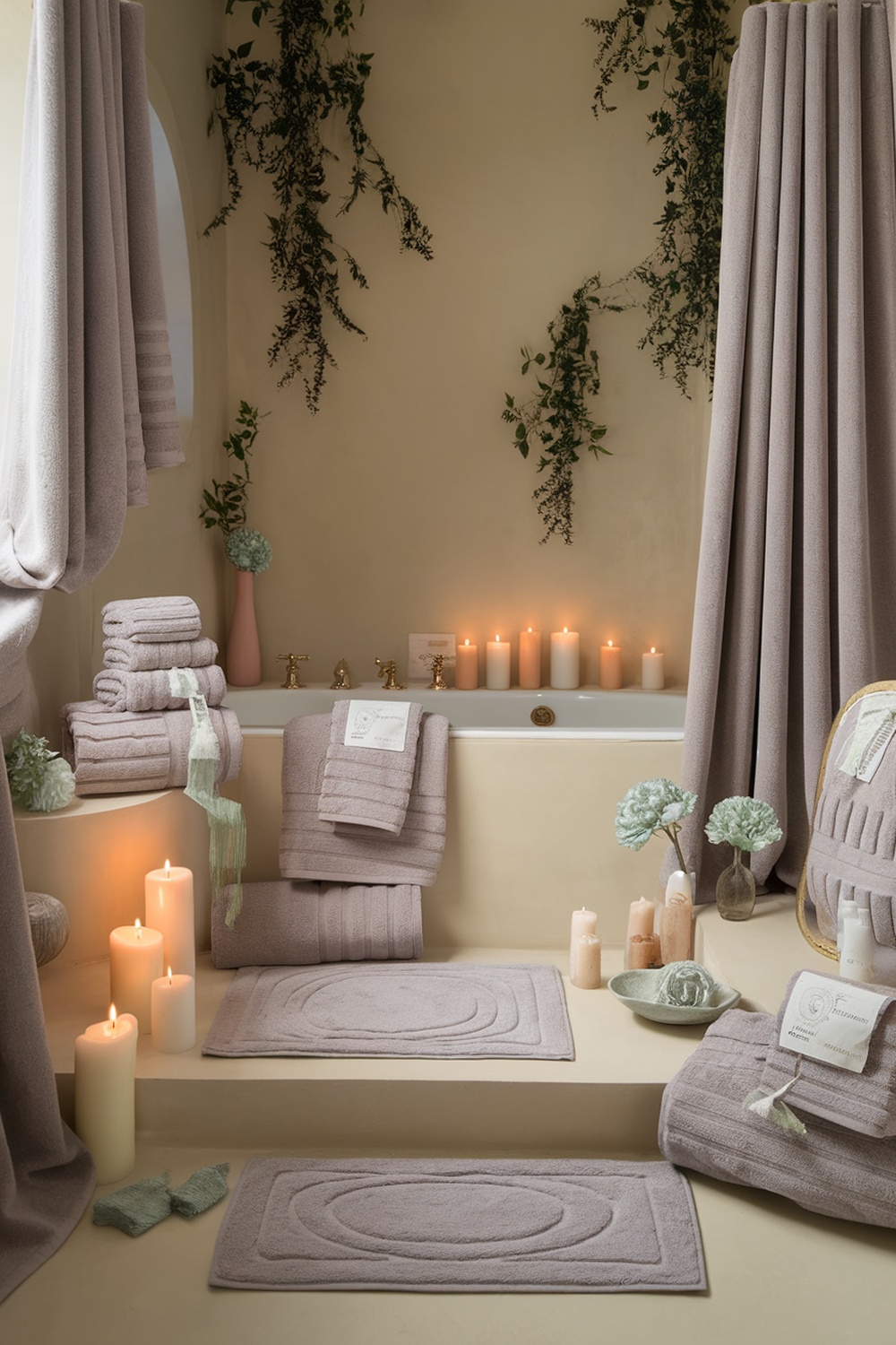 A luxurious bathroom with soft lavender towels, candles, and greenery.