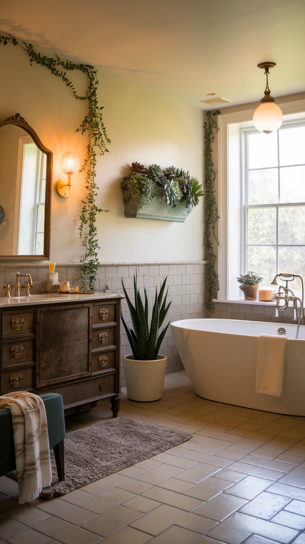 A cozy bathroom featuring a mix of modern and vintage design elements, including a freestanding tub, vintage dresser, and lush plants.