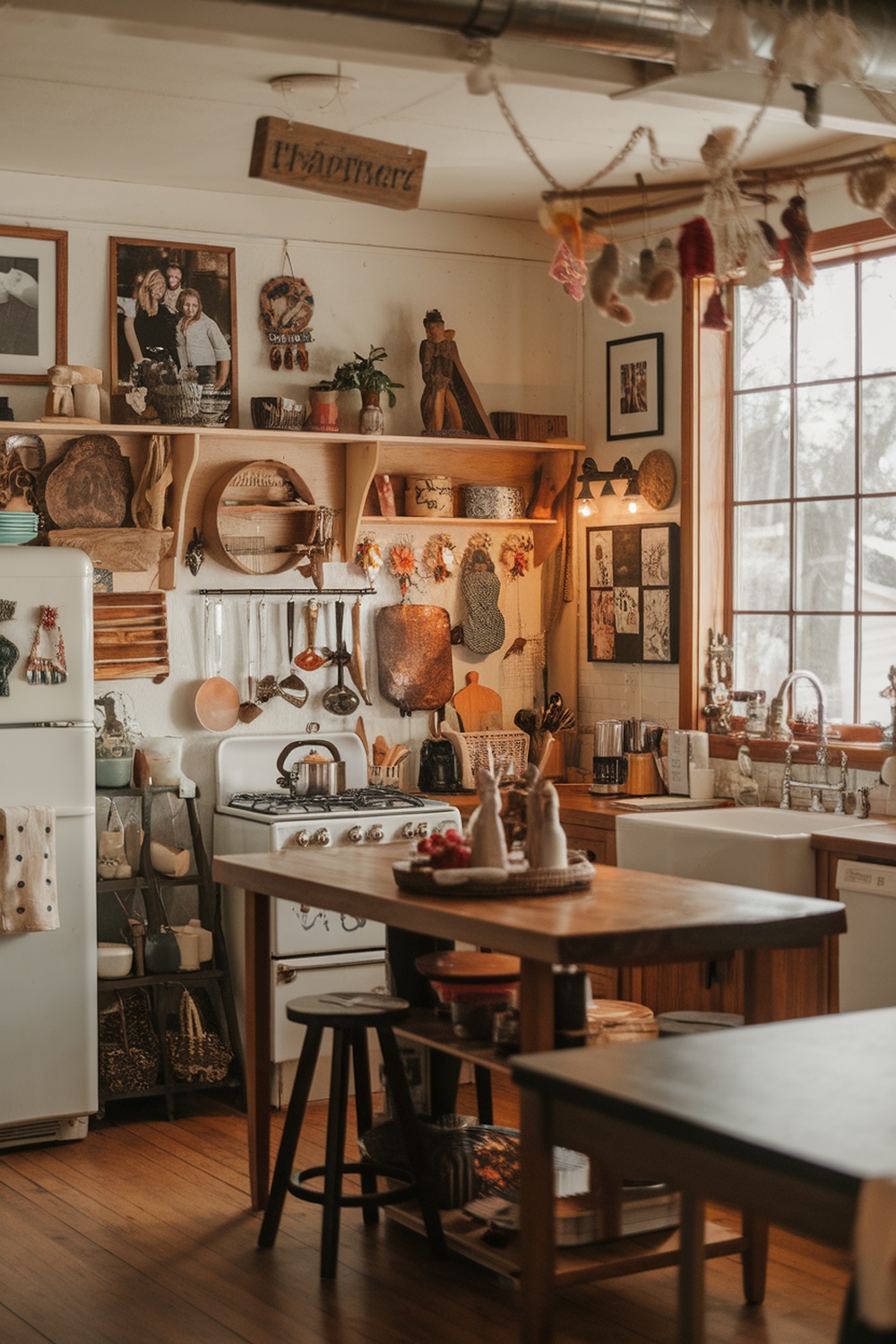 A cozy kitchen with wooden shelves, family photos, and decorative items, showcasing personal touches in modern kitchen design.