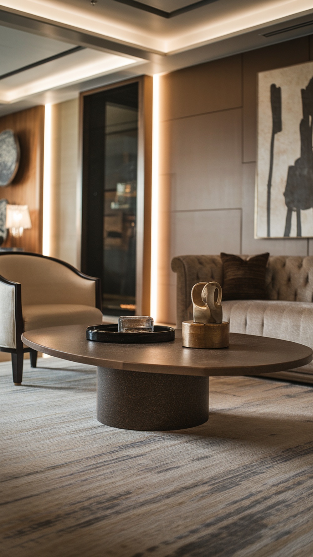 A stylish living room featuring a textured area rug, modern furniture, and warm lighting.