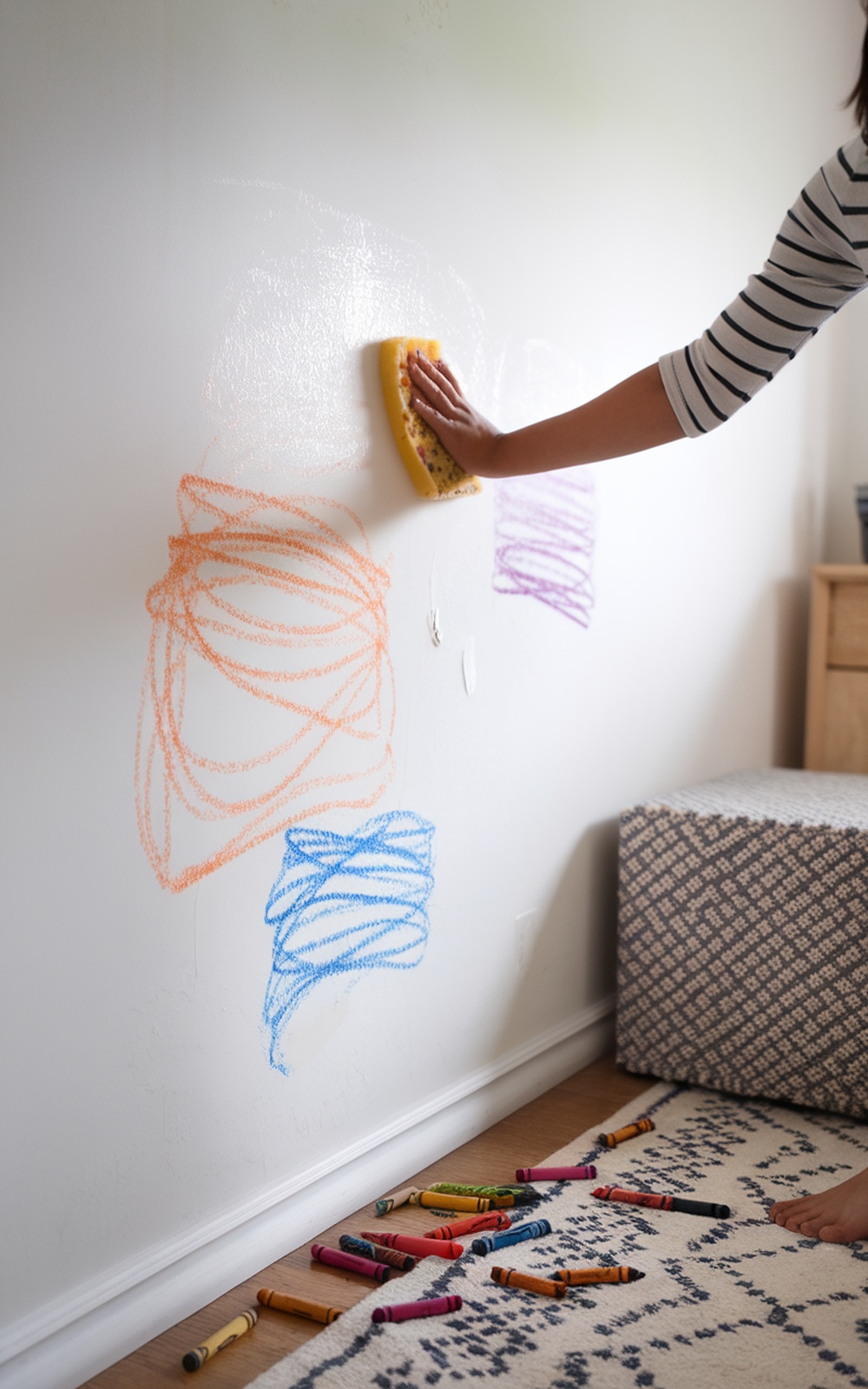 A person cleaning crayon marks off a white wall with a sponge, surrounded by scattered crayons on the floor.