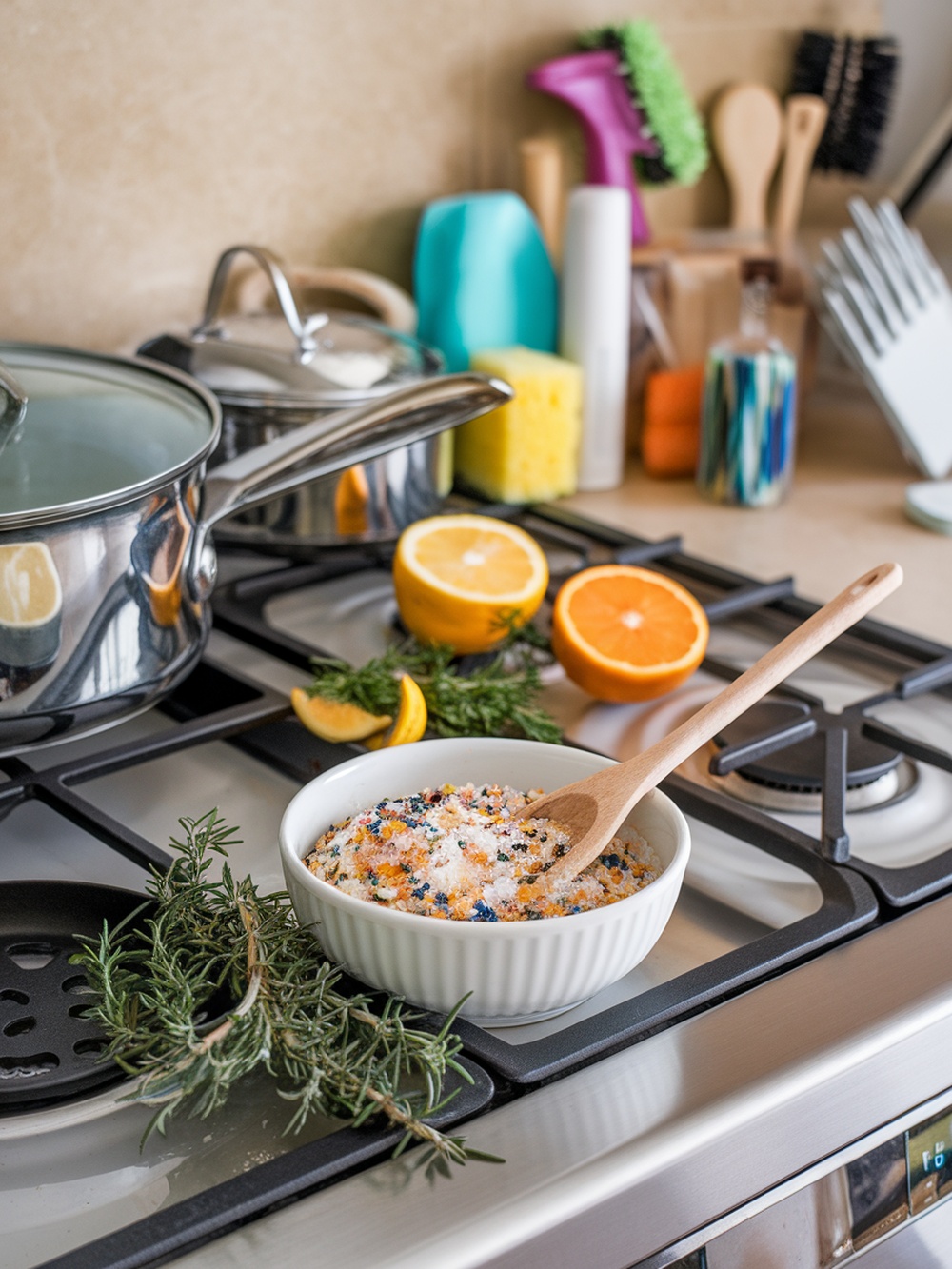A bowl of colorful salt scrub on a stovetop with fresh herbs and citrus slices nearby.