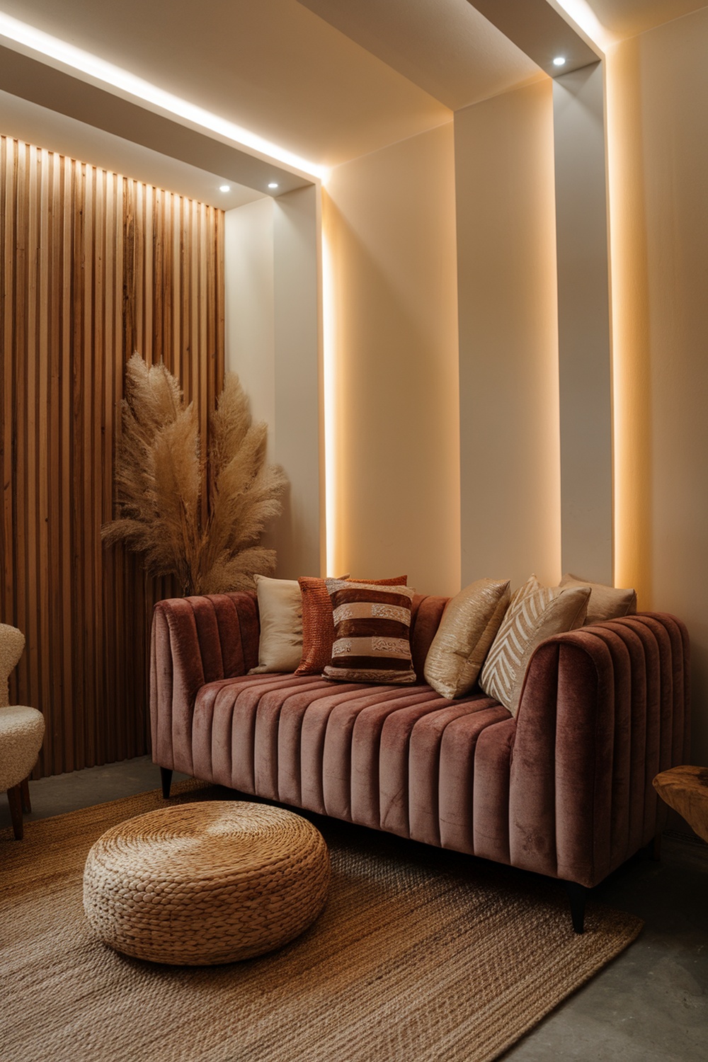 A cozy living room featuring a velvet sofa, wooden paneling, and a woven pouf, showcasing textural contrast.
