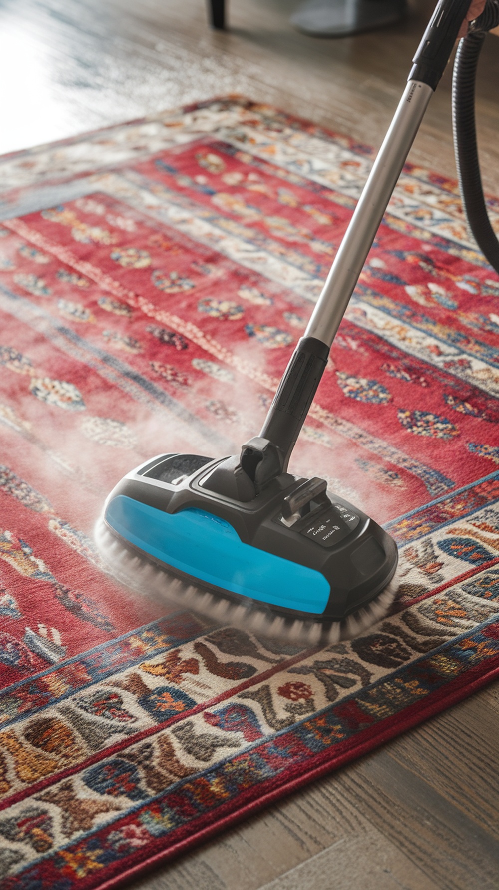 A steam cleaner being used on a patterned rug, demonstrating the process of steam cleaning.