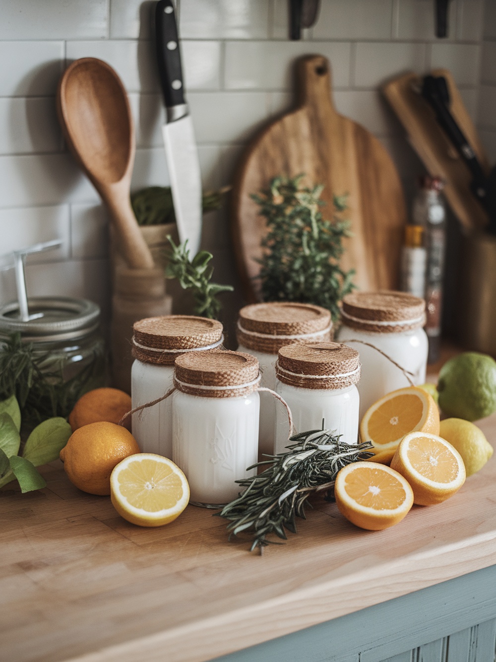 Jars of homemade air fresheners with lemons and herbs on a kitchen counter