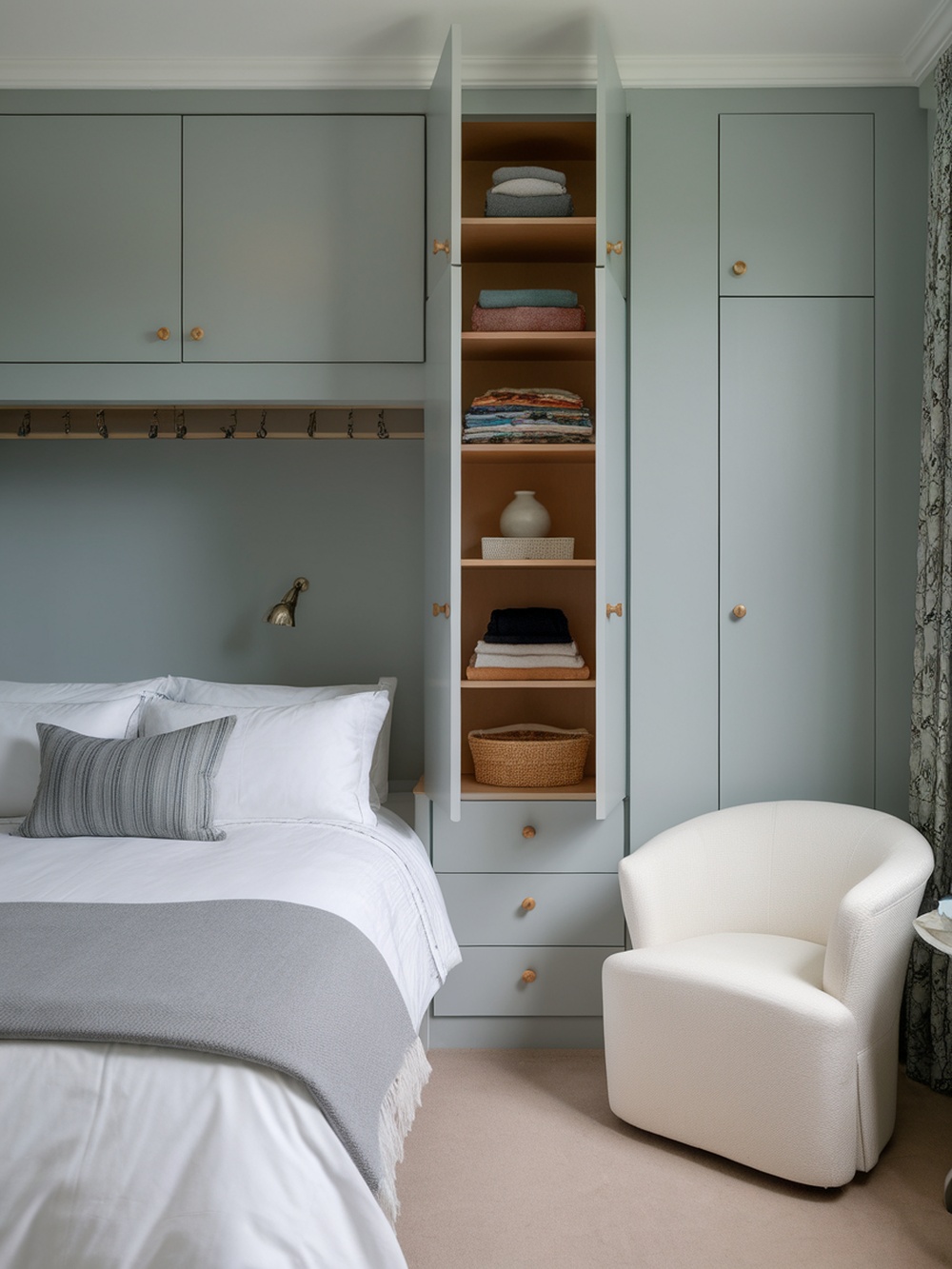 A small bedroom featuring a bespoke built-in wardrobe with open shelves and closed cabinets, showcasing a soft green color scheme.