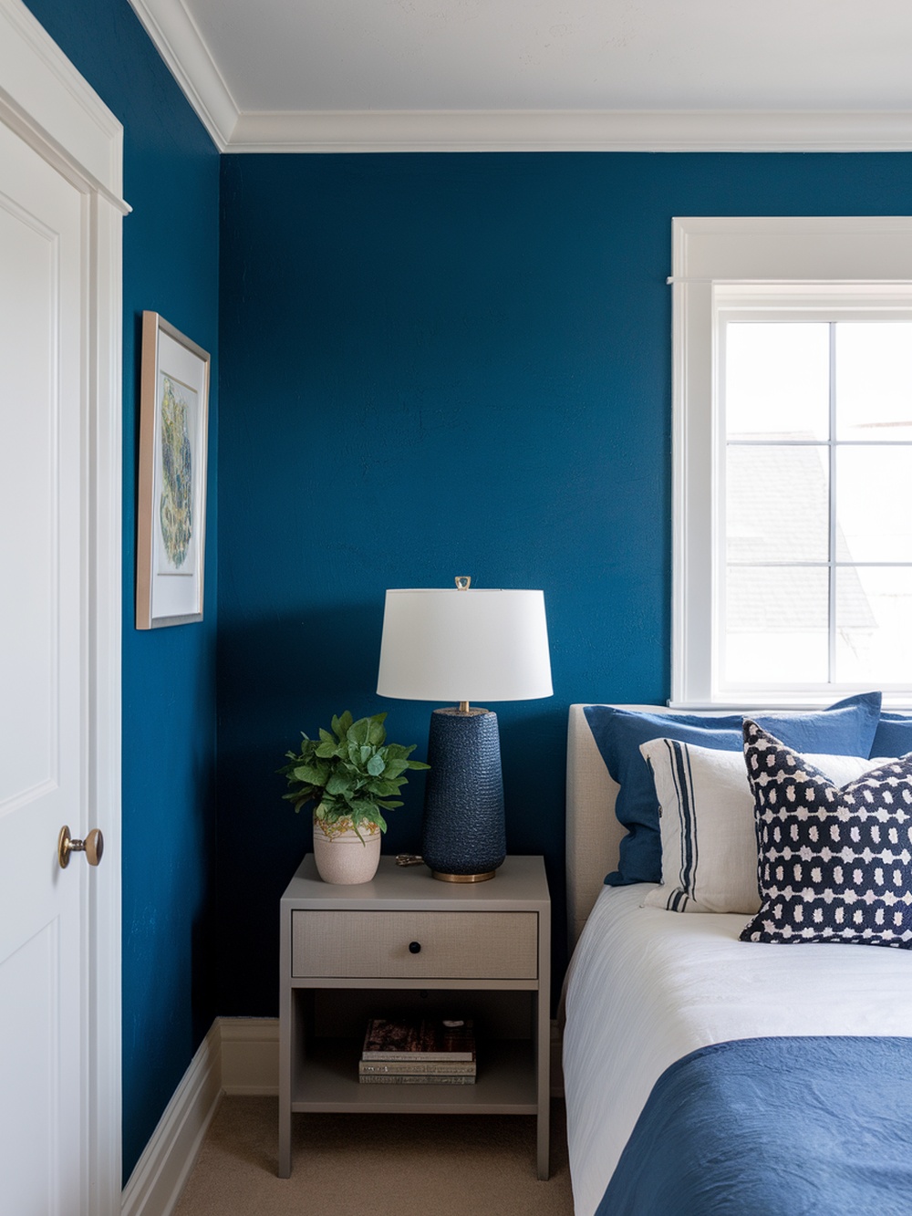 A small bedroom featuring a deep blue accent wall, light-colored furniture, and decorative pillows.