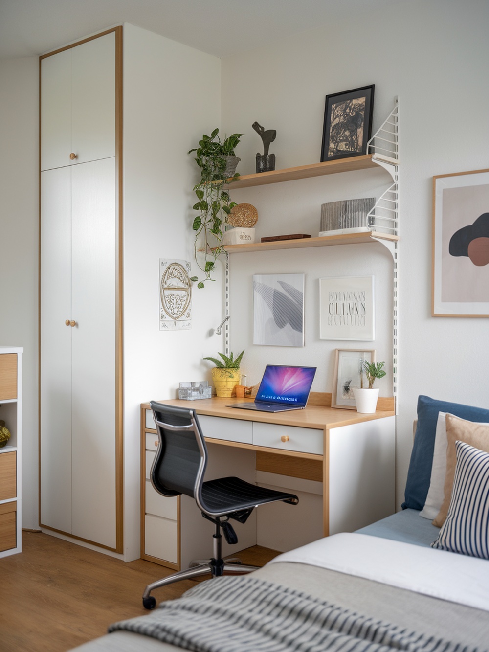 A compact workstation in a small bedroom featuring a desk, chair, and shelves.