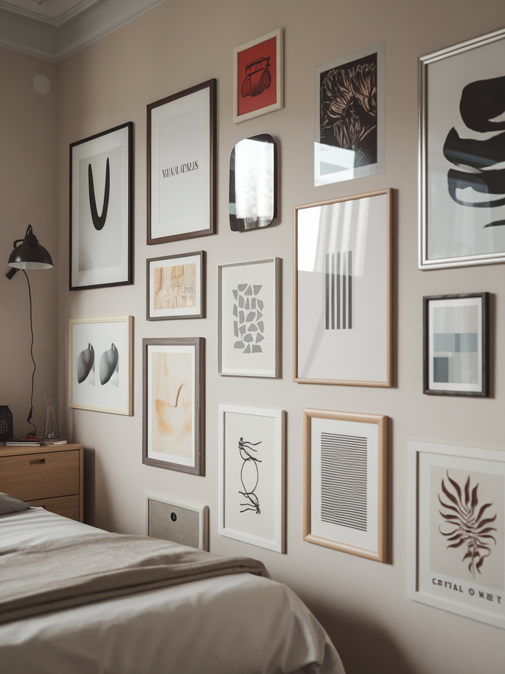 A creative wall art display in a small bedroom featuring various framed artworks.