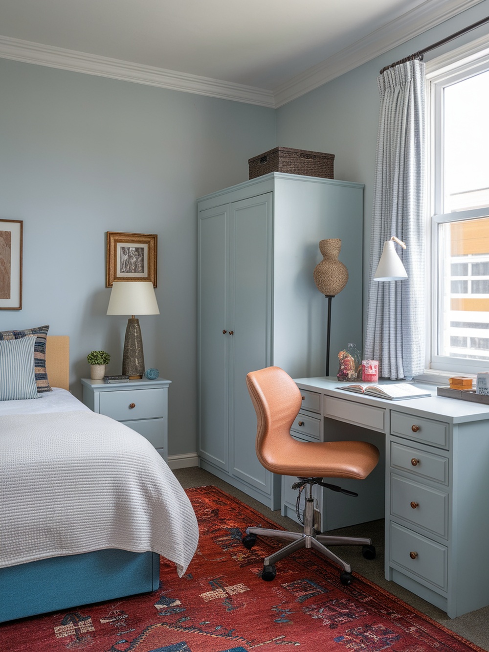 A small bedroom featuring a bed, desk, and wardrobe with a light color scheme and decorative elements.