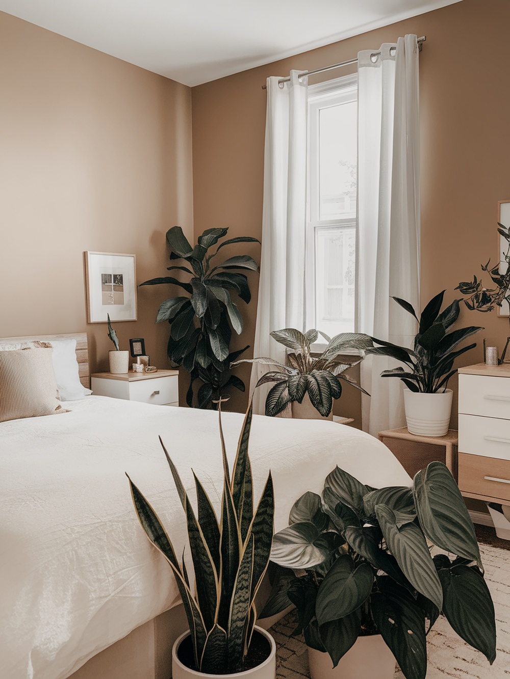 A cozy small bedroom featuring various indoor plants, showcasing a fresh and vibrant atmosphere.