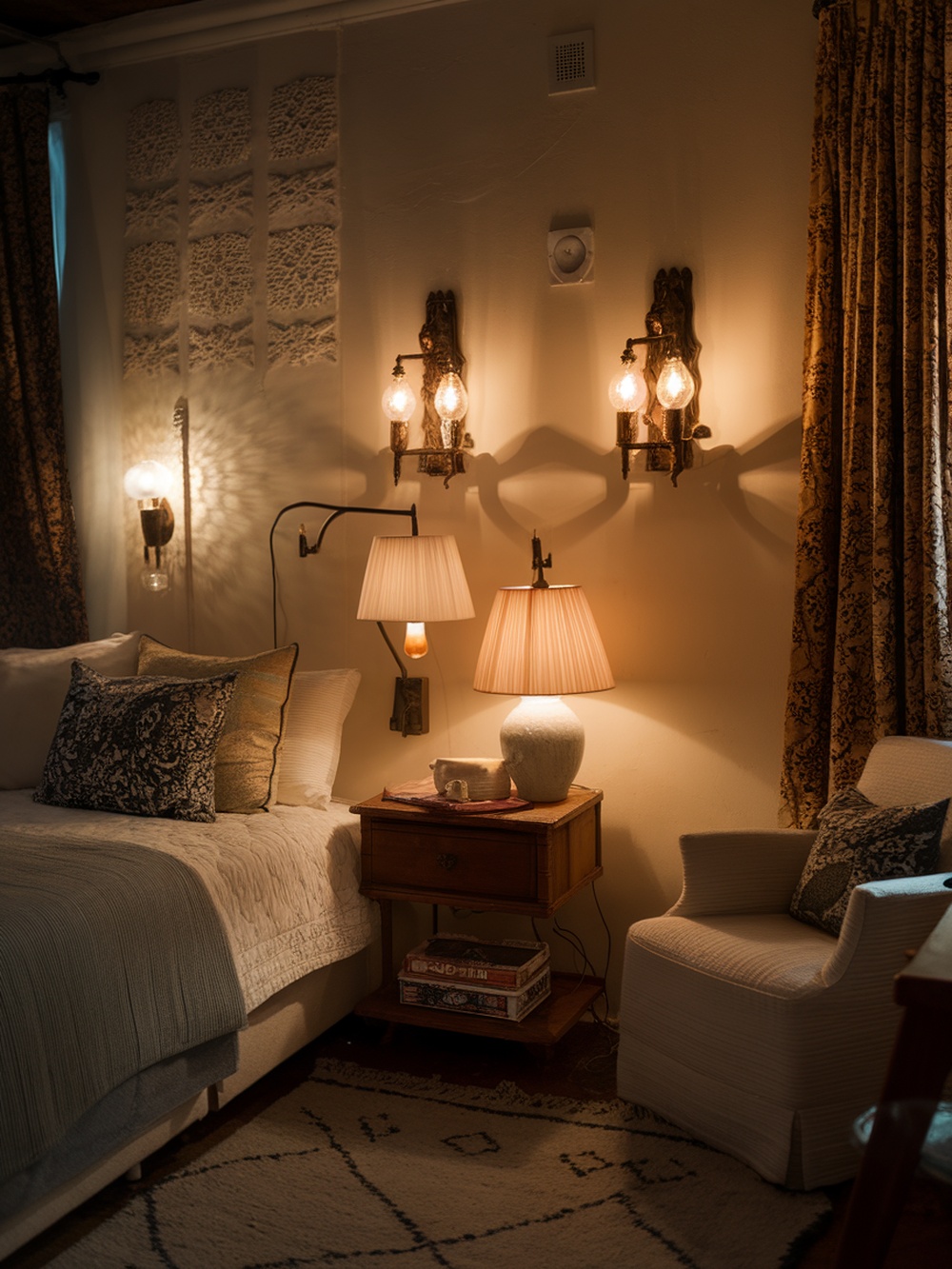 Cozy small bedroom with layered lighting including bedside lamps and wall sconces.