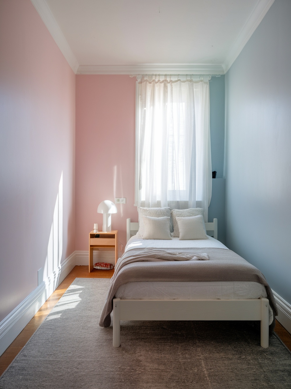 A small bedroom with pastel pink and blue walls, a white bed, and natural light streaming through sheer curtains.