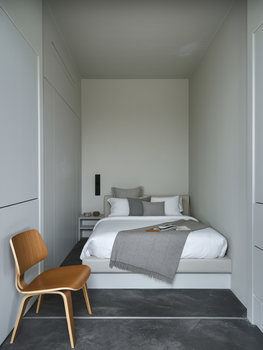A minimalist small bedroom featuring a bed with neutral bedding, a simple wooden chair, and a clean, uncluttered design.