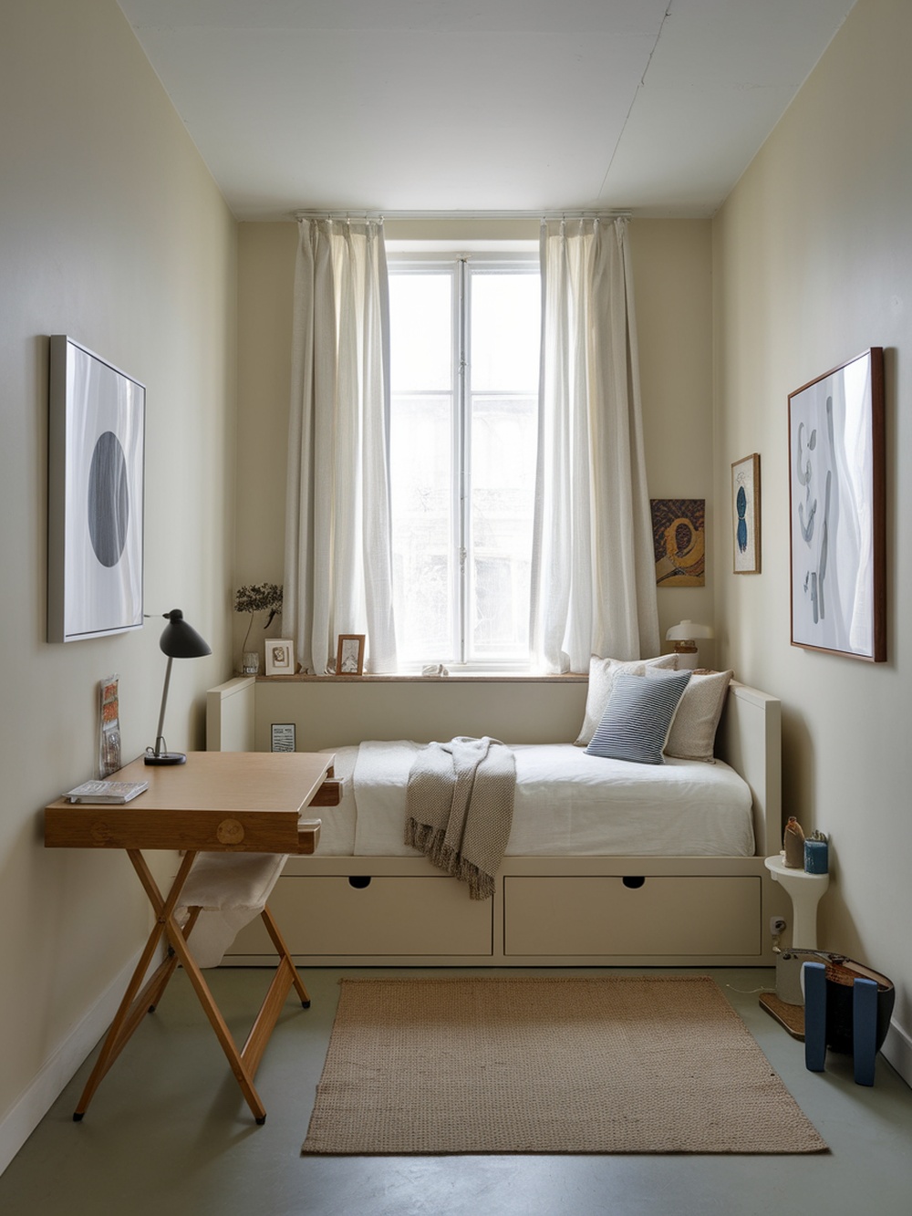 A small bedroom featuring a bed with storage drawers, a compact desk, and a cozy atmosphere.