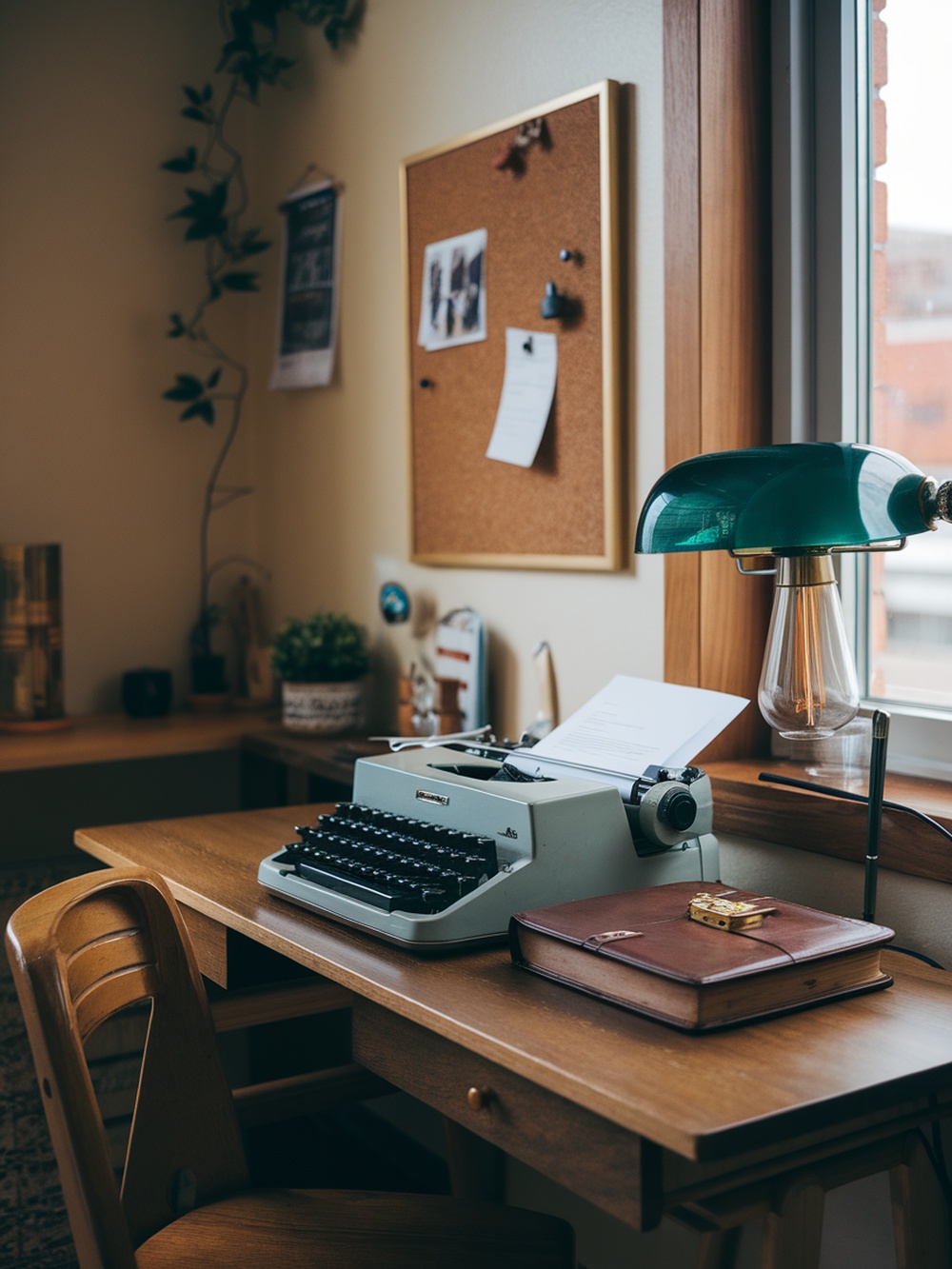 A cozy workspace featuring a vintage typewriter, a corkboard with photos and notes, and a stylish lamp, all set in a small bedroom.