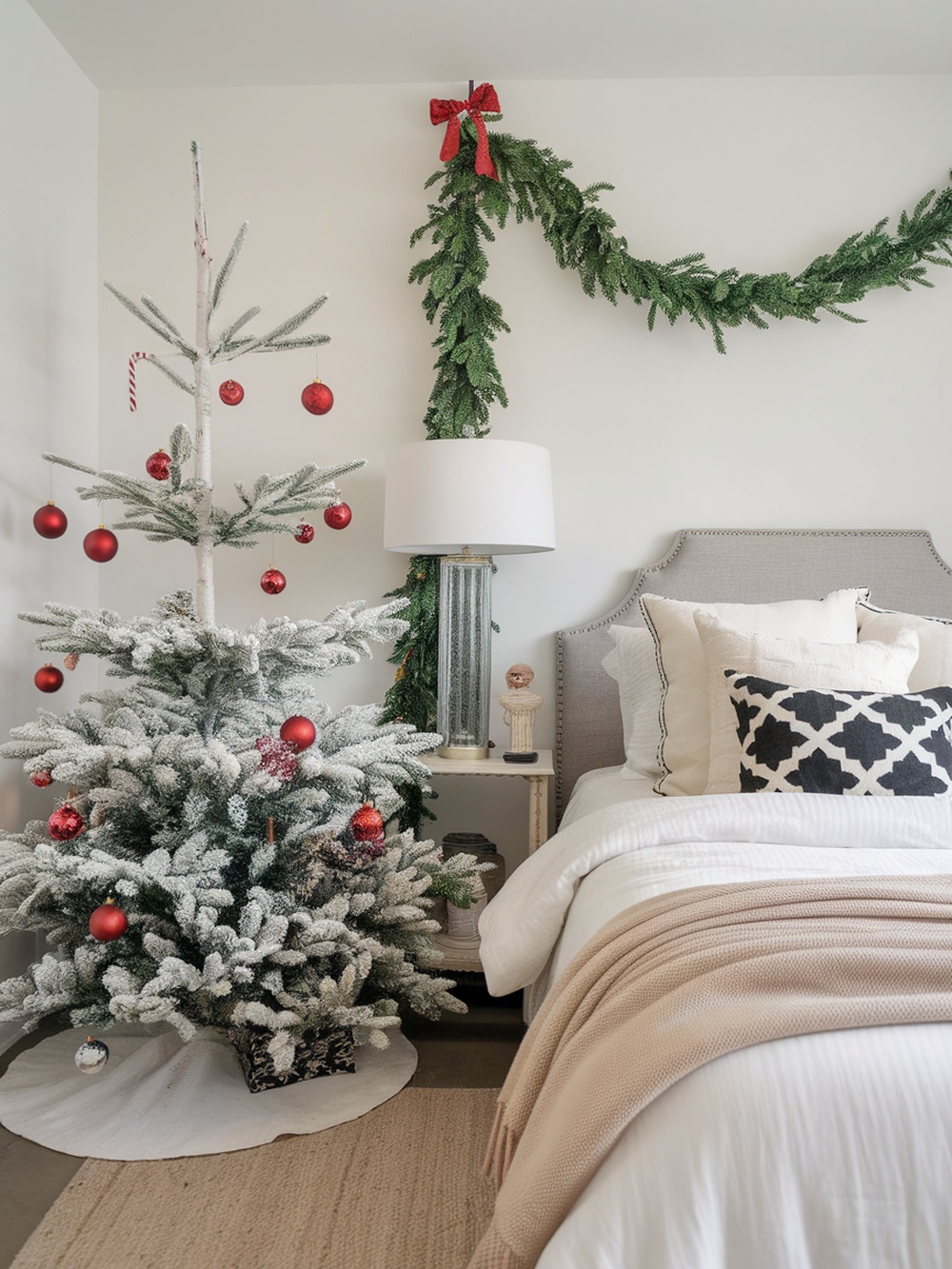 A cozy bedroom decorated for the holiday season with a frosted Christmas tree and green garland.