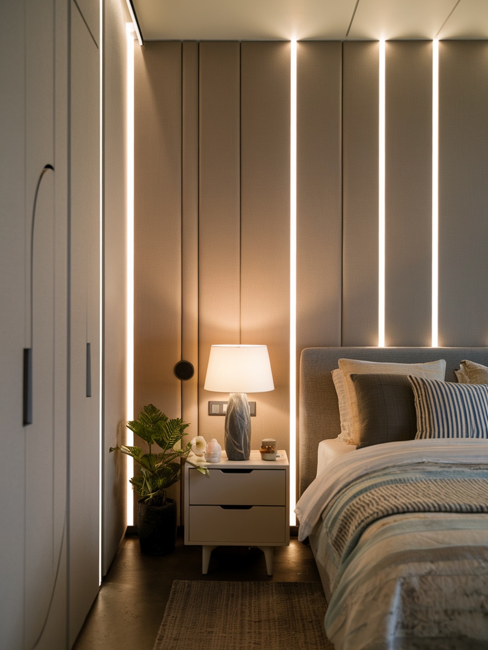 A modern small bedroom featuring smart lighting and compact furniture