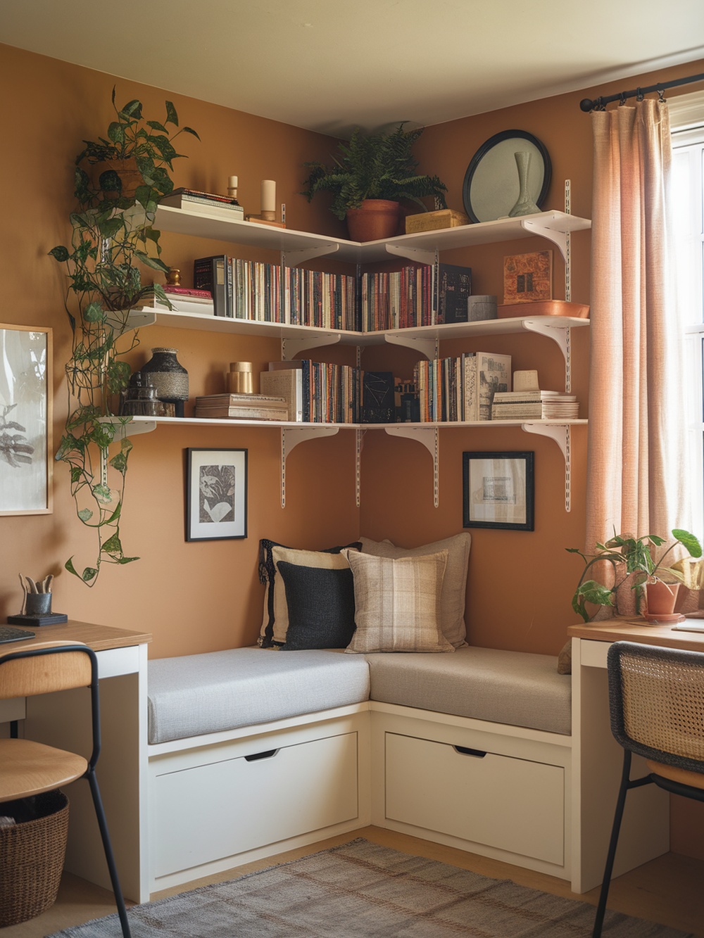 Cozy corner nook in a small bedroom with seating, shelves, and plants.