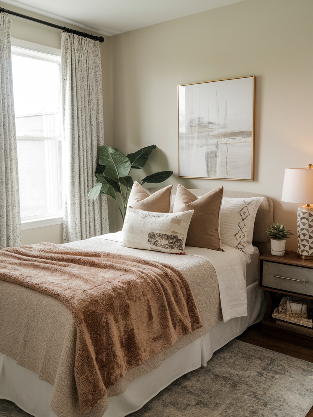 A cozy small bedroom featuring textured fabrics, including a plush throw blanket and decorative pillows.