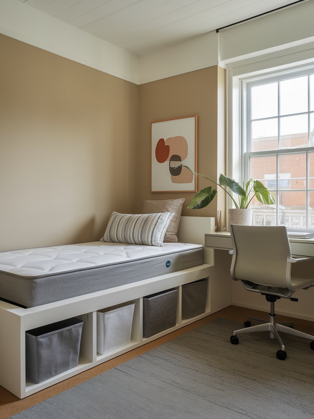 A small bedroom with a bed featuring under-bed storage and a desk.