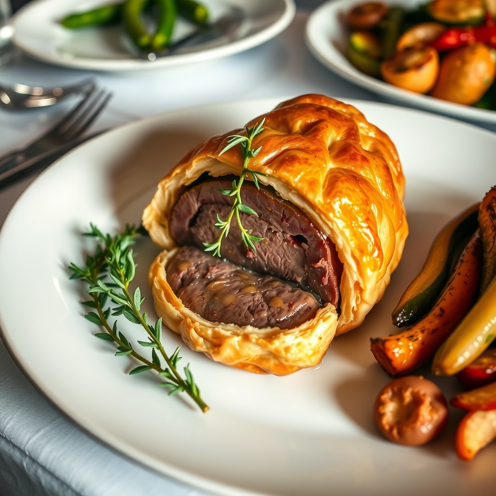 A succulent Beef Wellington with golden pastry and garnished with thyme, served with roasted vegetables.