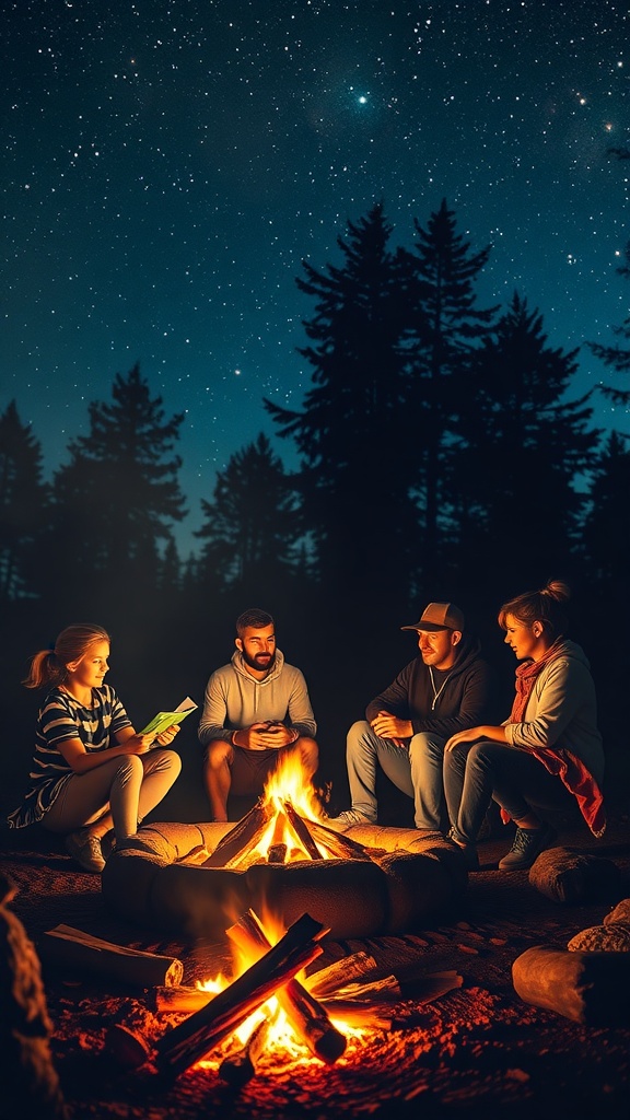 A family sitting around a campfire at night, sharing stories under a starry sky.