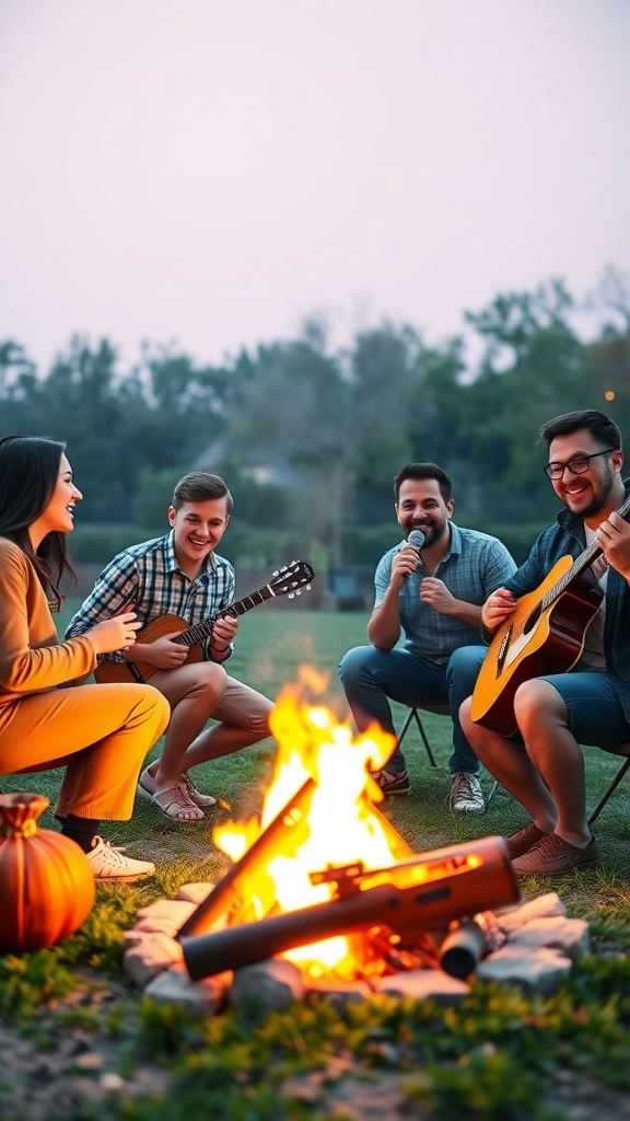 Family enjoying karaoke around a campfire while camping