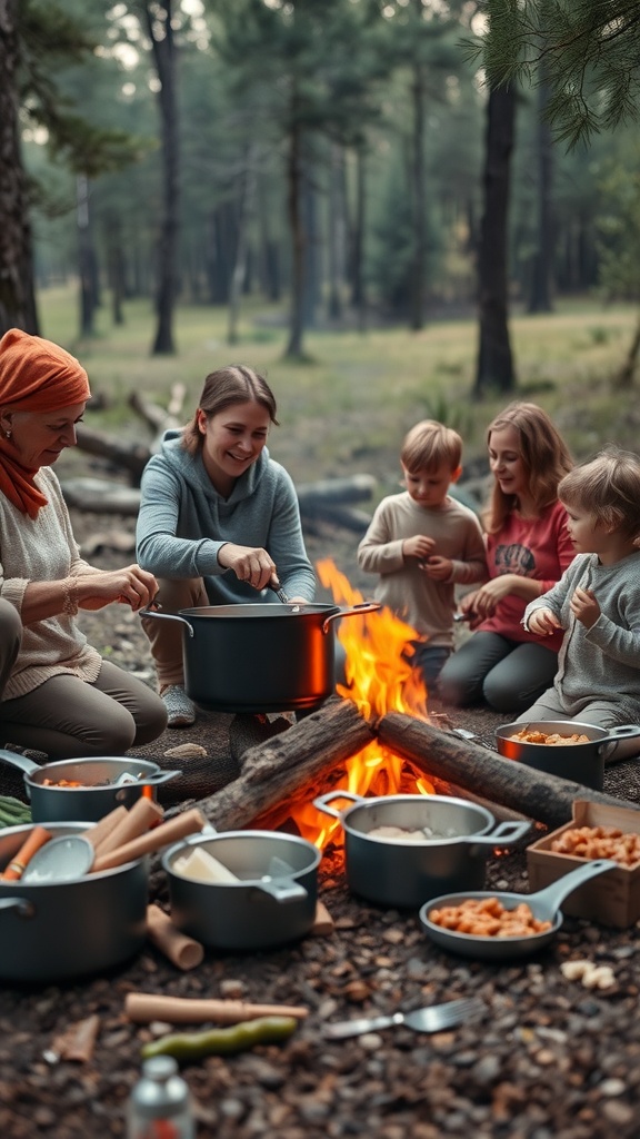 Family cooking together around a campfire in the woods