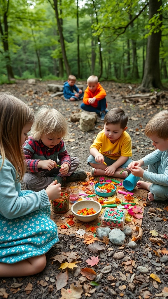 Kids engaged in creative nature crafts while camping.