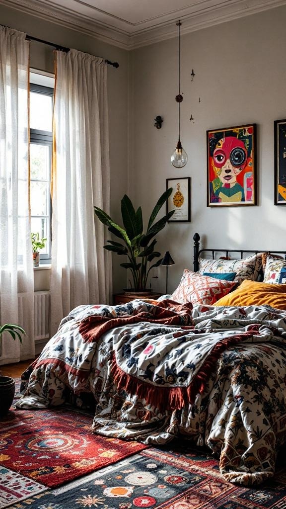 A cozy bedroom featuring an eclectic mix of patterns, colorful bedding, and vibrant artwork.