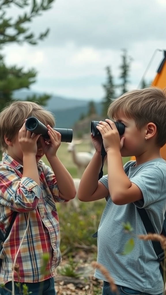 Two children using binoculars to observe wildlife while camping