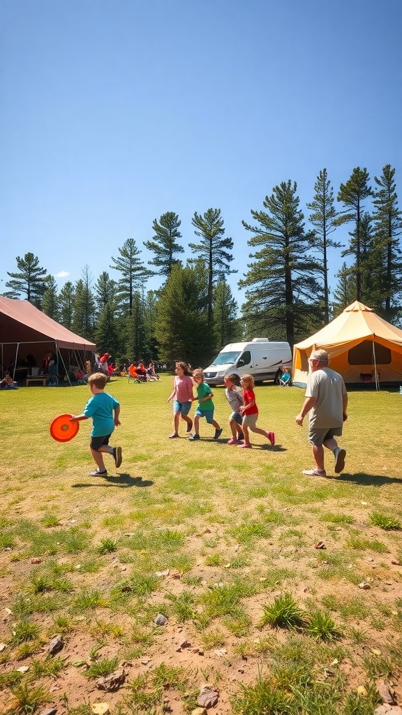 Children playing with a frisbee while adults relax in the background at a camping site.
