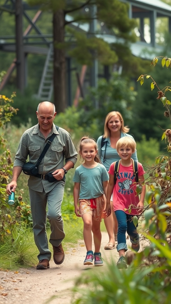A family enjoying a guided nature walk in a lush green area.